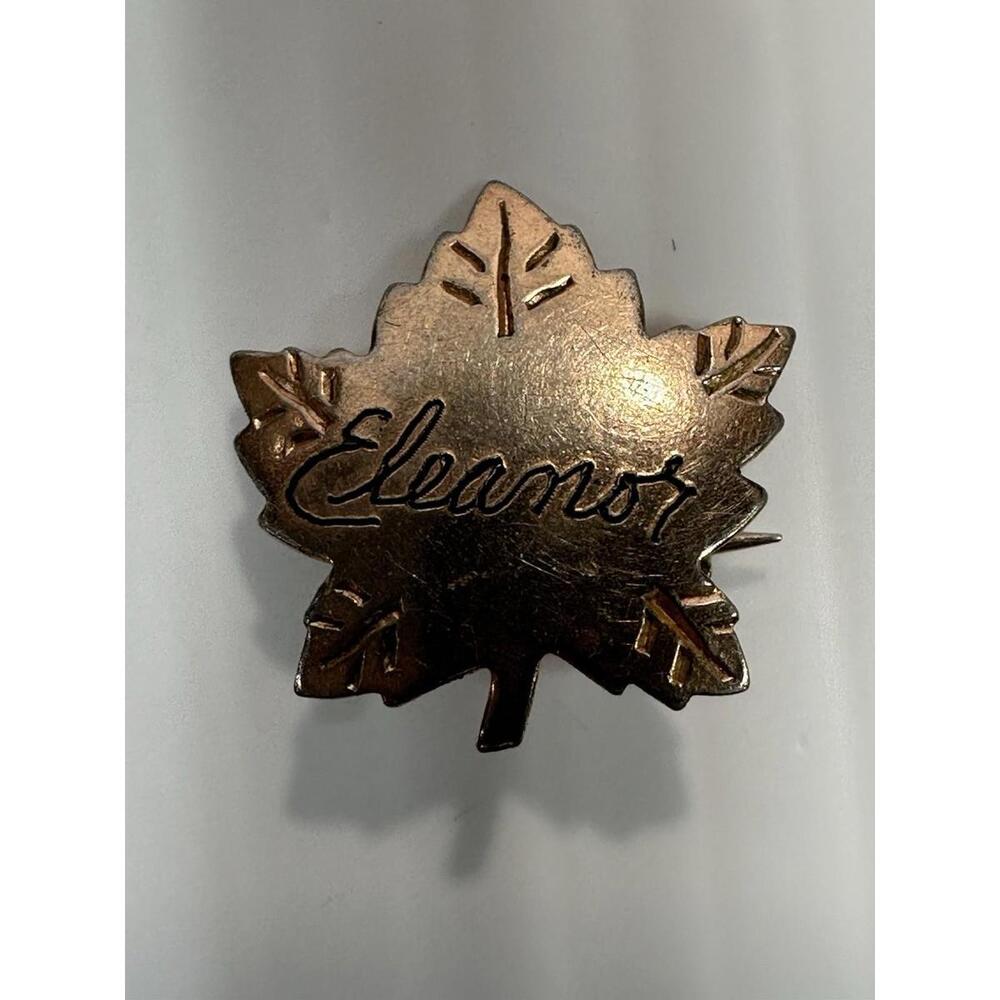 Vintage Engraved Eleanor Maple Leaf Pin Back Gold Tone Stamped Liberty‎ Silver